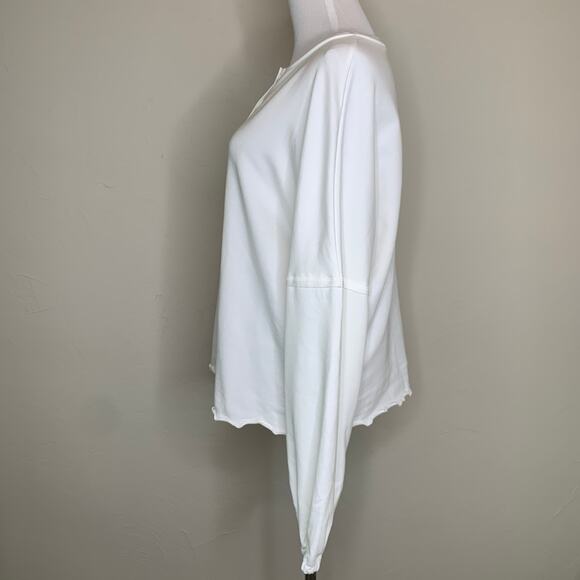 White Henley Shirt Full Gathered Sleeve Lettuce Hem Top Sz Medium - Picture 3 of 9